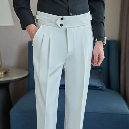 White Gurkha Straight Fit Pleated Trousers