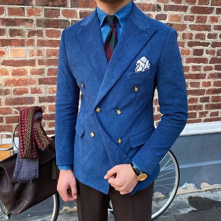 Men's Four-Button Velvet Crossed Blazer | Blue